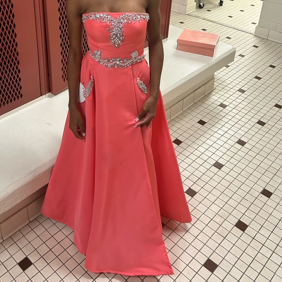 Sherri Hill Strapless Coral Dress with Silver Accents
